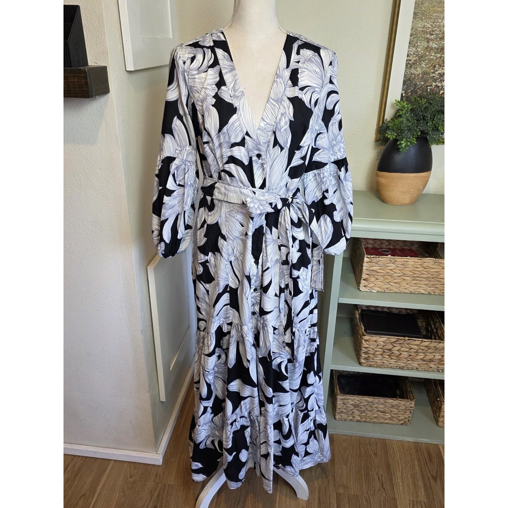 Maeve by Anthropologie Black Gray White Floral Button Front Belted Maxi Dress 12